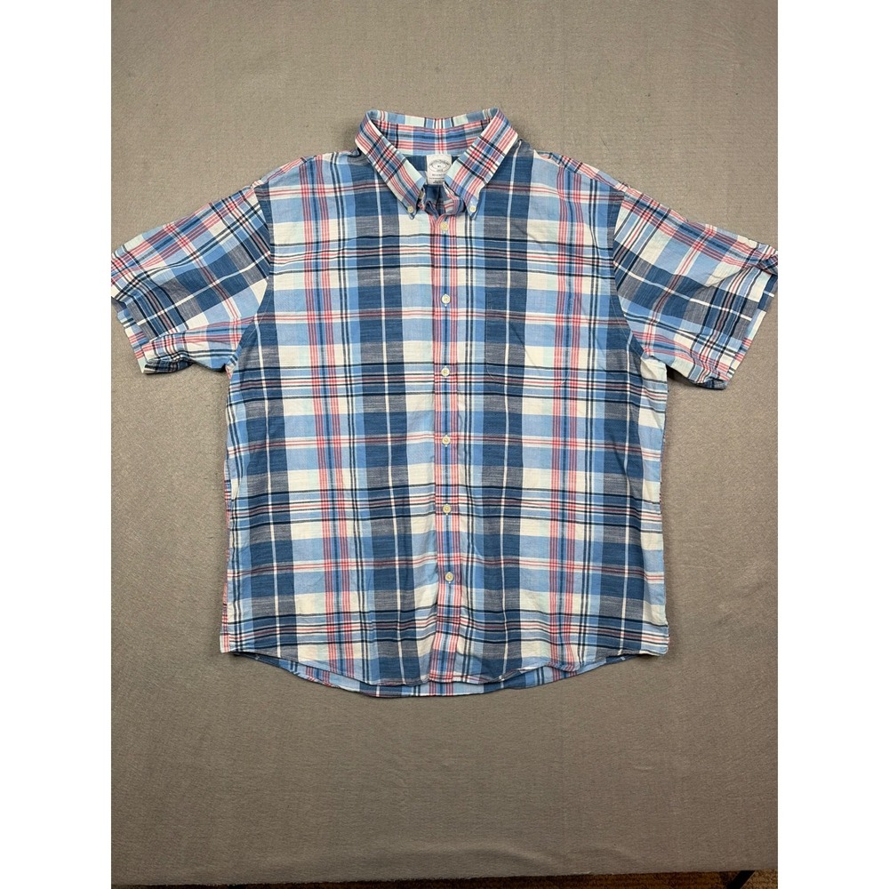 Brooks Brothers Regent Fit Plaid Short Sleeve Button Down Shirt Mens XL Blue Red